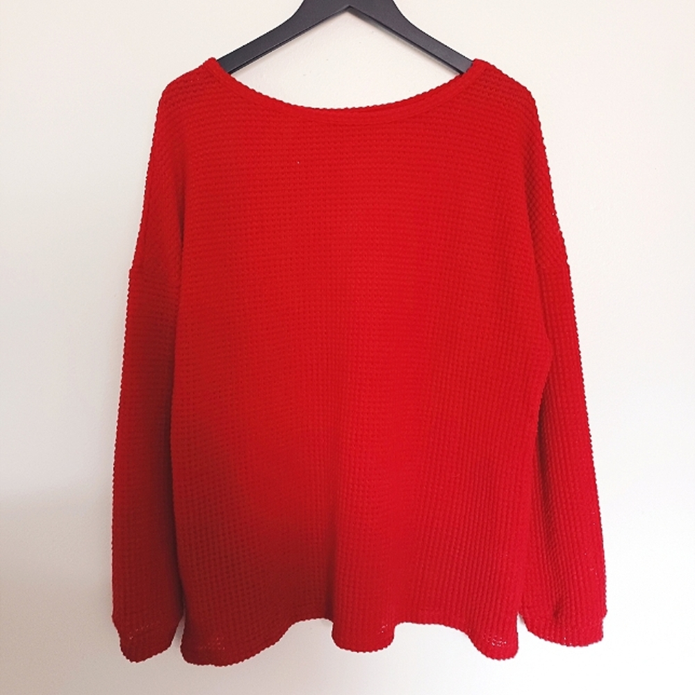 Red Waffle Knit Oversized Boatneck Sweater Long Sleeve Knit Top Minimalist Bold